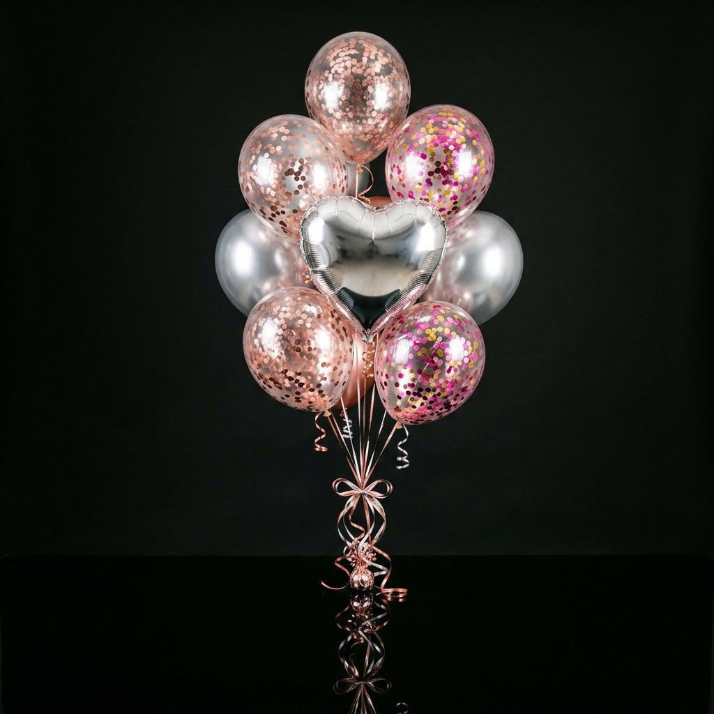 5 Rose Gold & Pink Confetti Balloons with 2 Round & 1 Heart Silver Foil Helium Balloons bloomsandbeansae