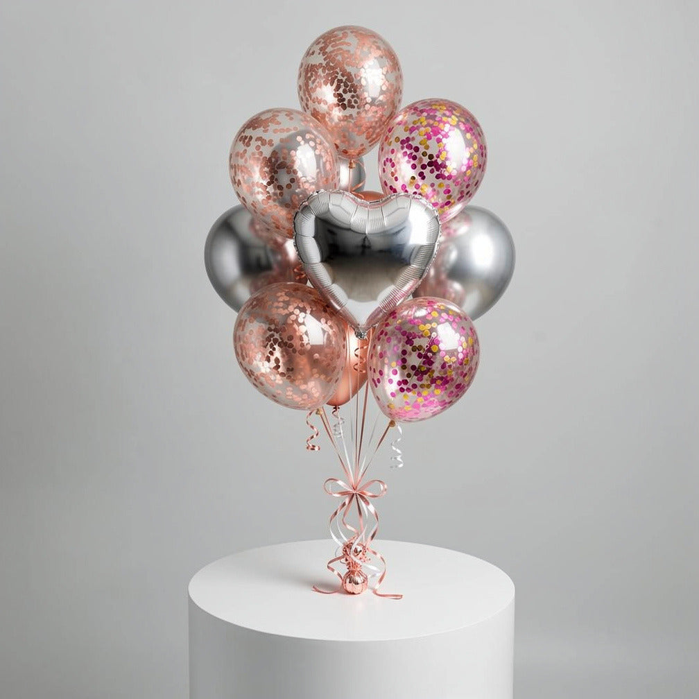 5 Rose Gold & Pink Confetti Balloons with 2 Round & 1 Heart Silver Foil Helium Balloons