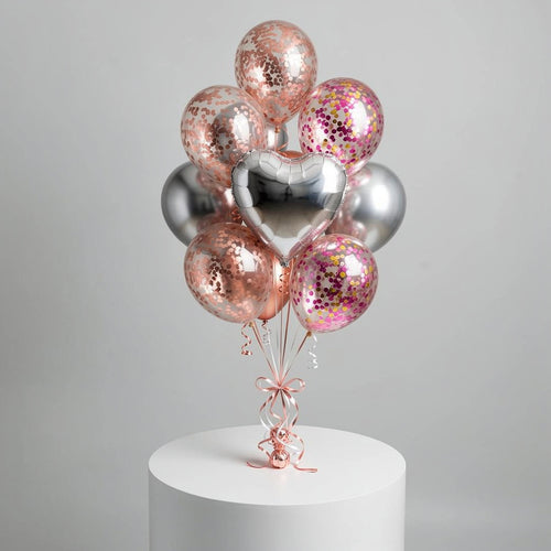 5 Rose Gold & Pink Confetti Balloons with 2 Round & 1 Heart Silver Foil Helium Balloons
