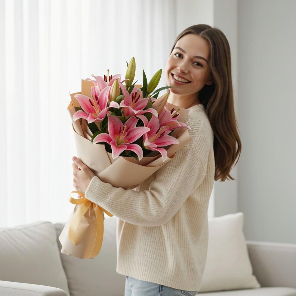 7 Pink Lilies Bouquet for Birthday held by a model, view 1