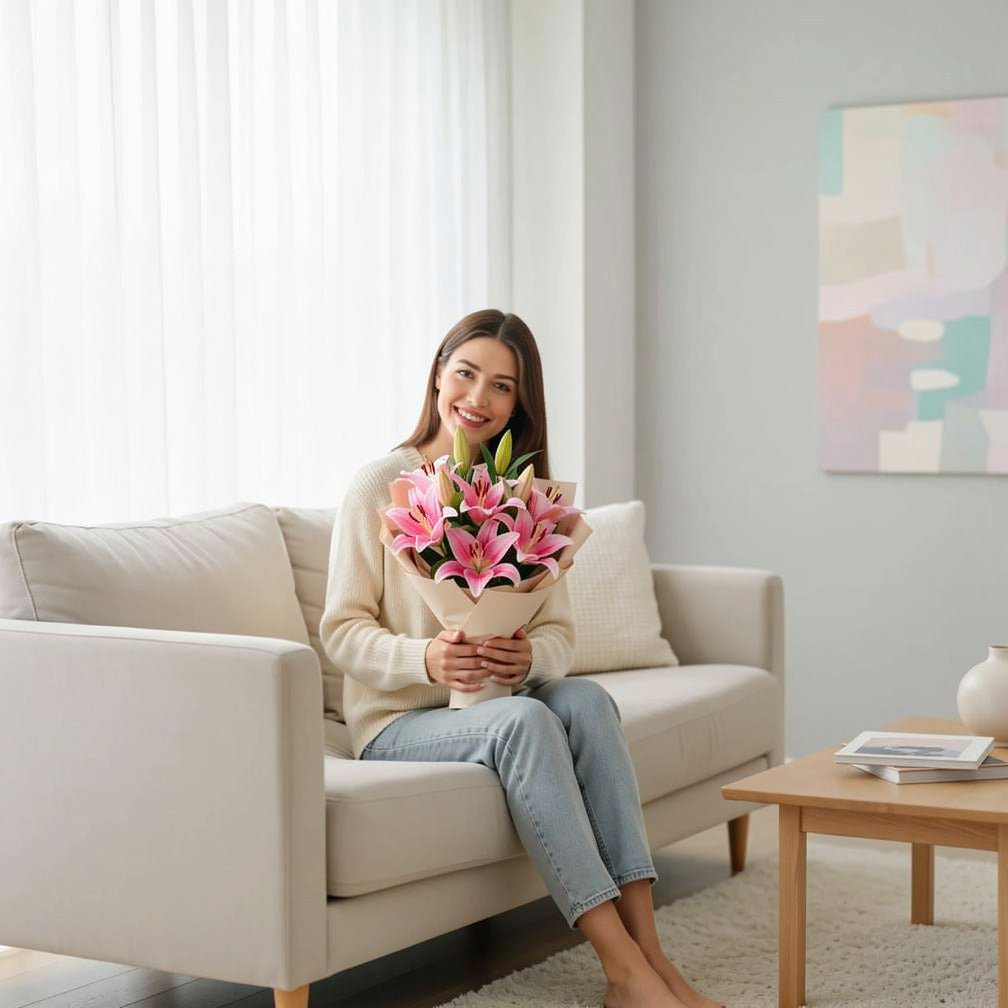 7 Pink Lilies Bouquet for Birthday held by a model, view 3