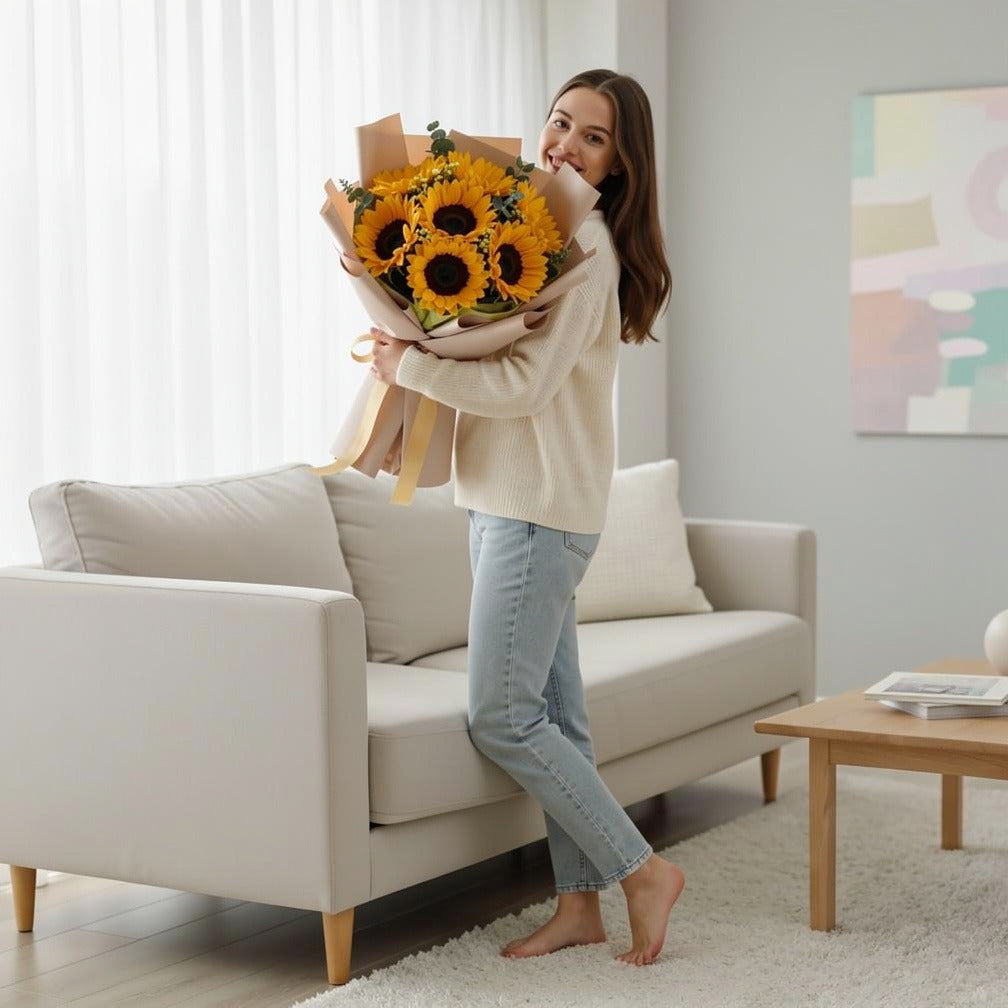 7 Sunflower Bouquet for Birthday held by a model, view 2