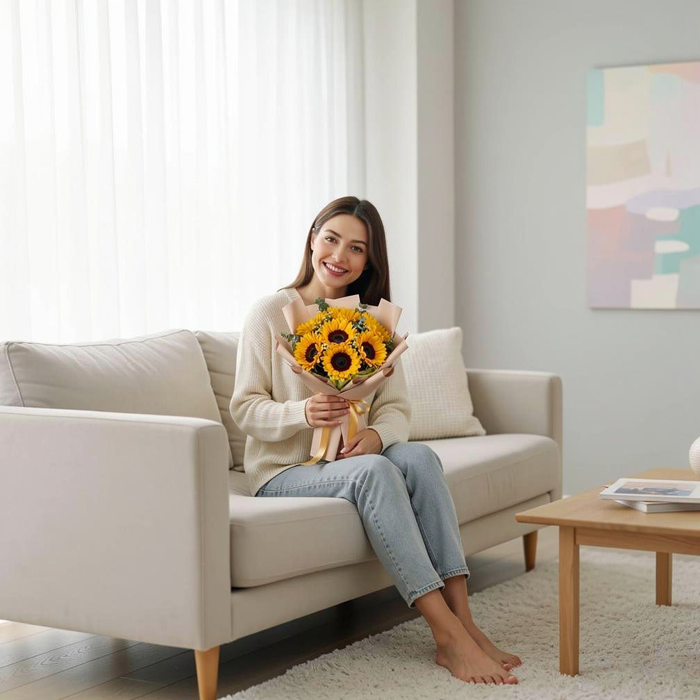 7 Sunflower Bouquet for Birthday held by a model, view 3