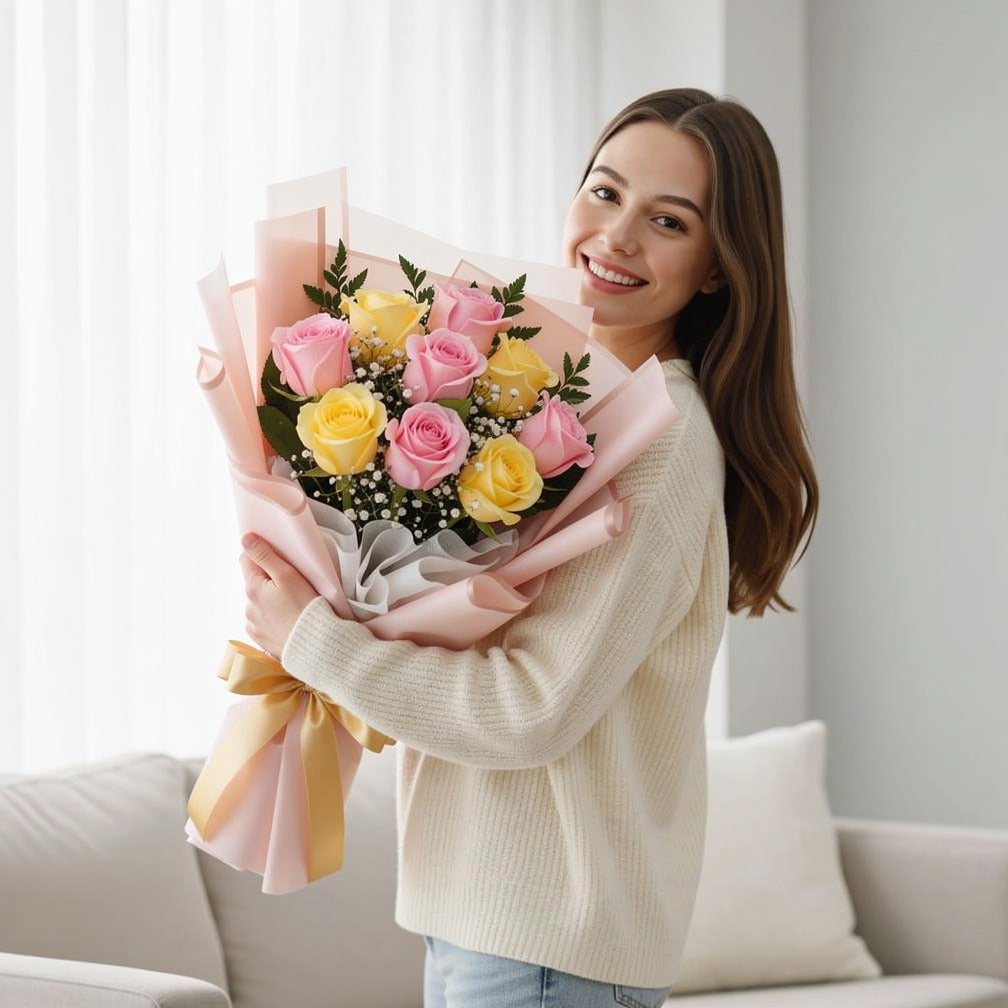 9 Yellow & Pink Rose Bouquet for Birthday held by a model, view 1