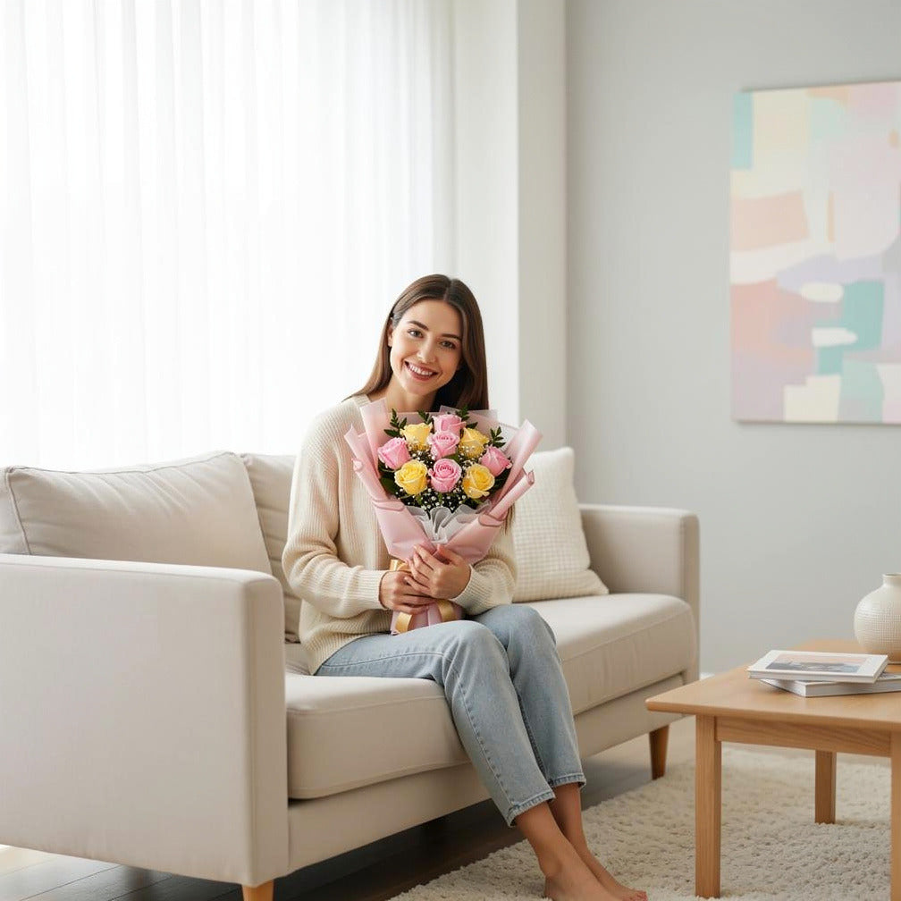 9 Yellow & Pink Rose Bouquet for Birthday held by a model, view 3