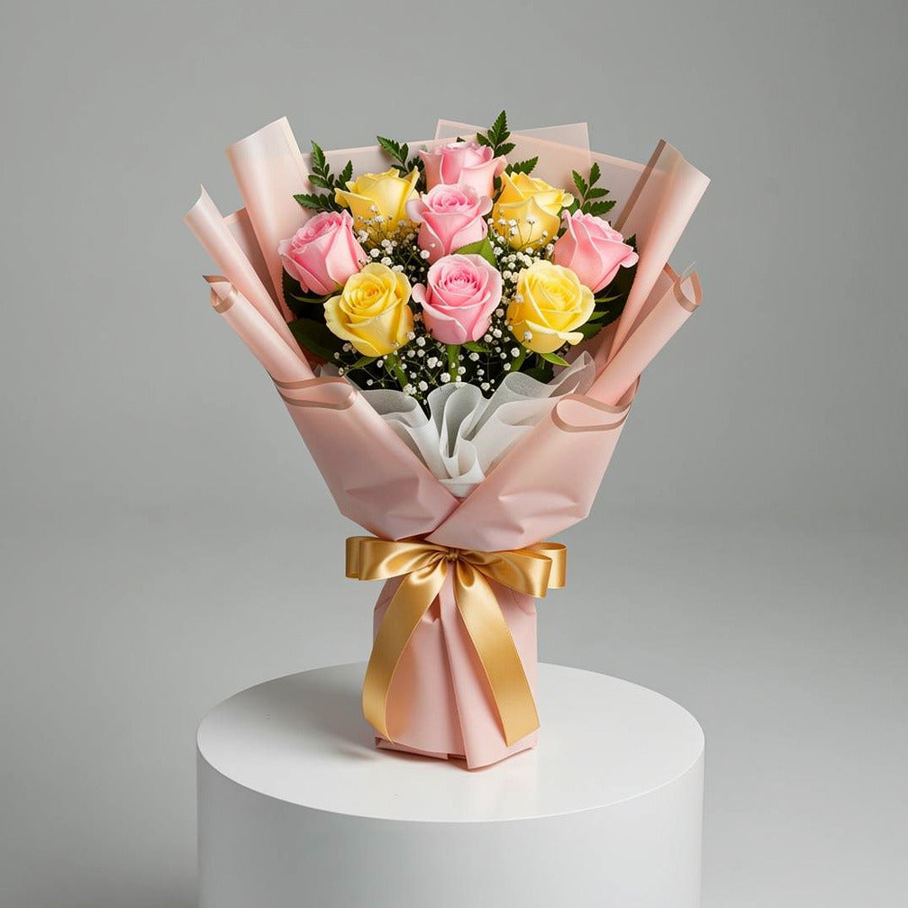 9 Yellow & Pink Rose Bouquet for Birthday