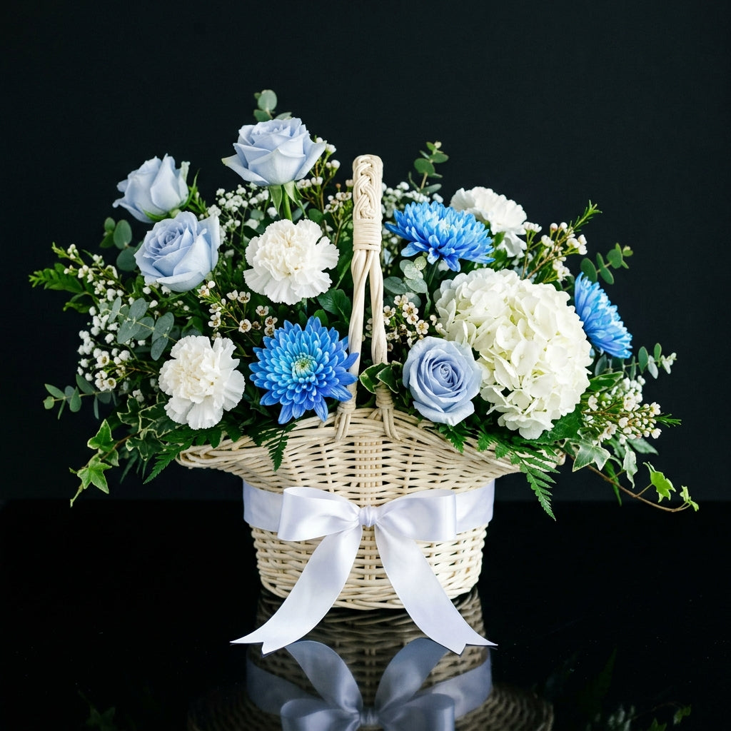 Blue Roses Basket with White Hydrangea & Carnations bloomsandbeansae
