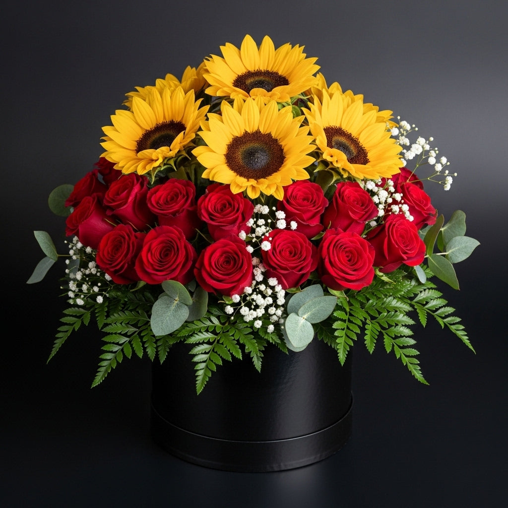 Bold Black Round Flower Box with Red Roses & Sunflowers bloomsandbeansae