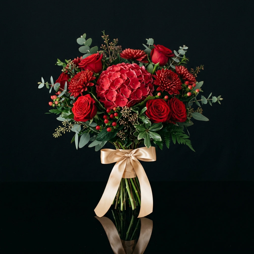 Bold Bridal Bouquet of Red Roses, Chrysanthemums & Hydrangea bloomsandbeansae