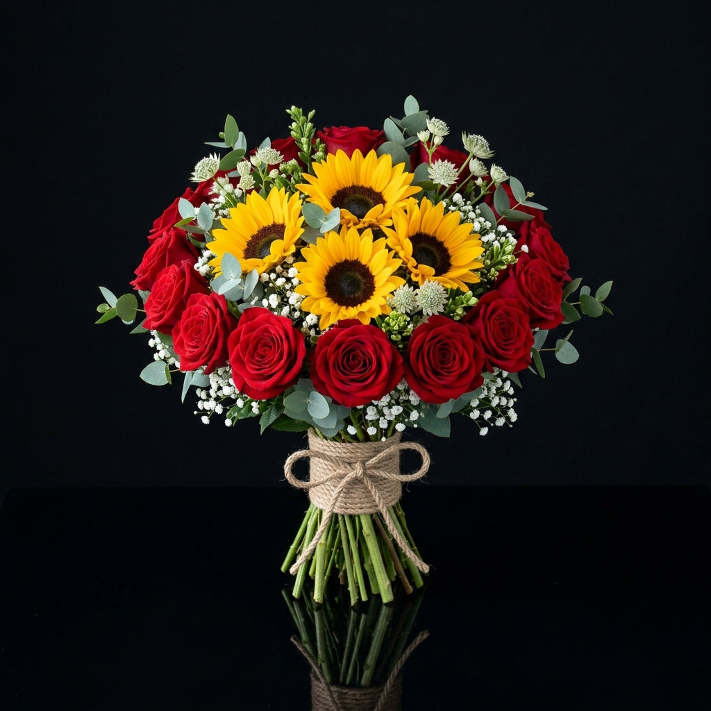 Bold Bridal Bouquet of Sunflowers & Red Roses bloomsandbeansae
