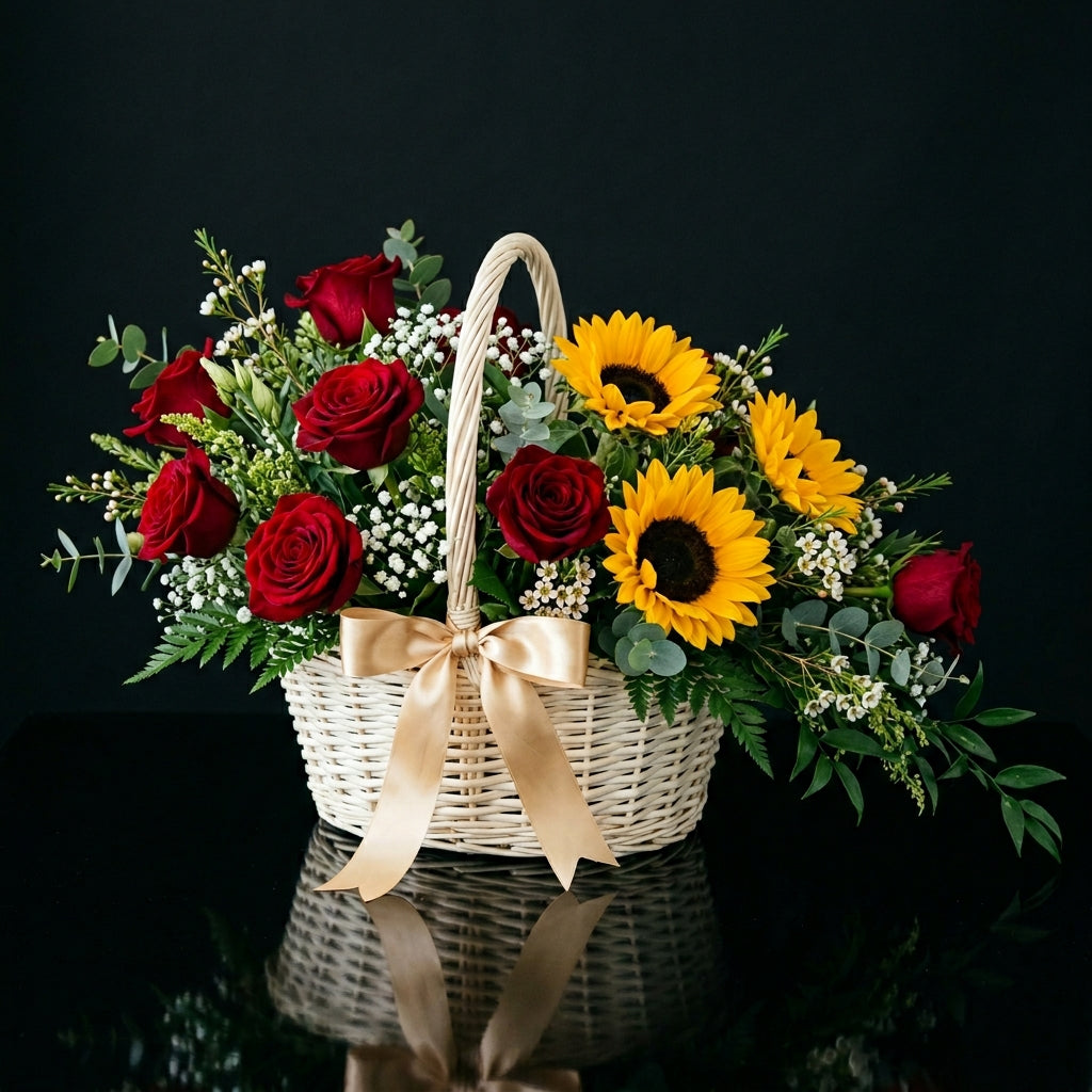Bold Red Rose Basket with Sunflowers bloomsandbeansae