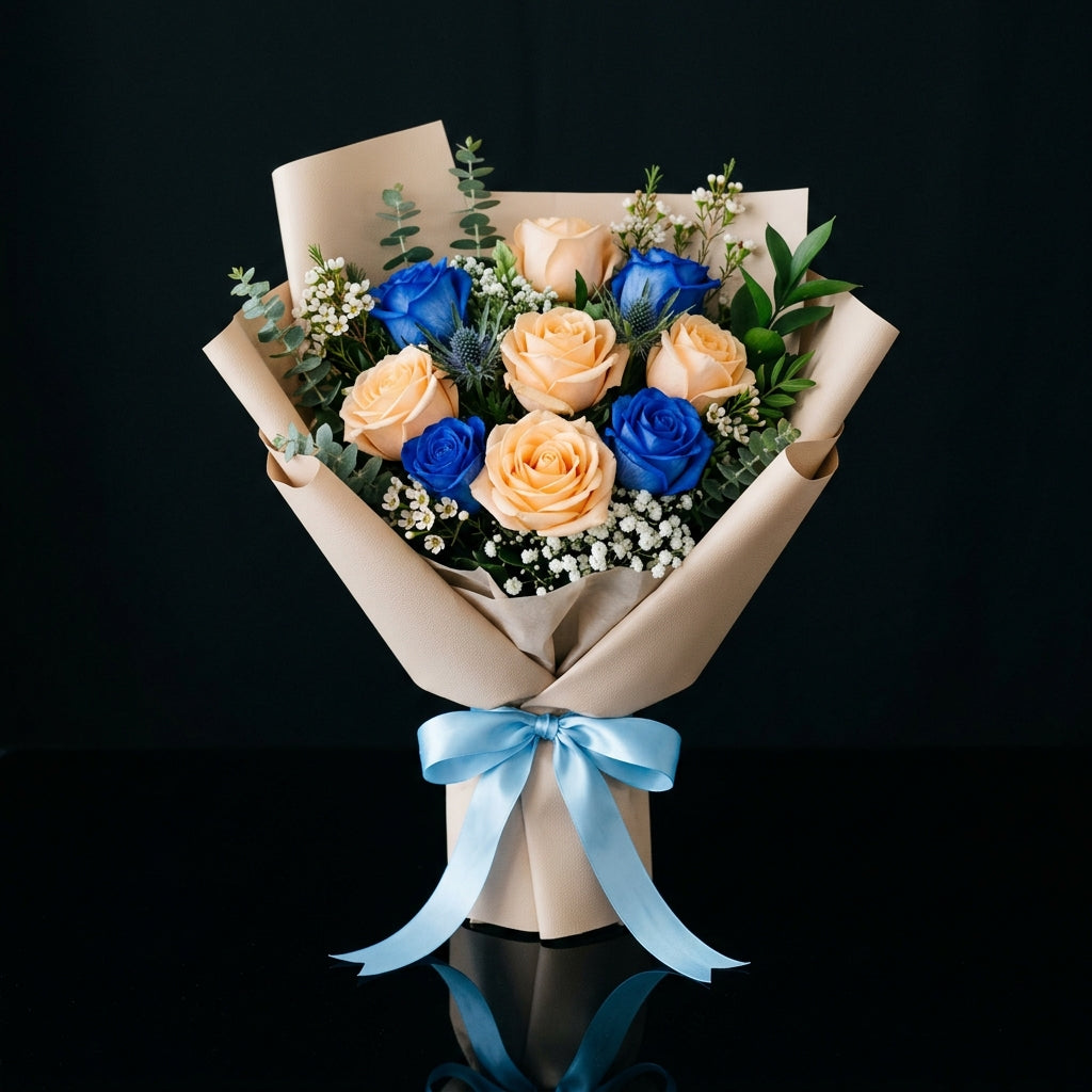 Bouquet of Peach & Blue Roses for Father’s Day bloomsandbeansae