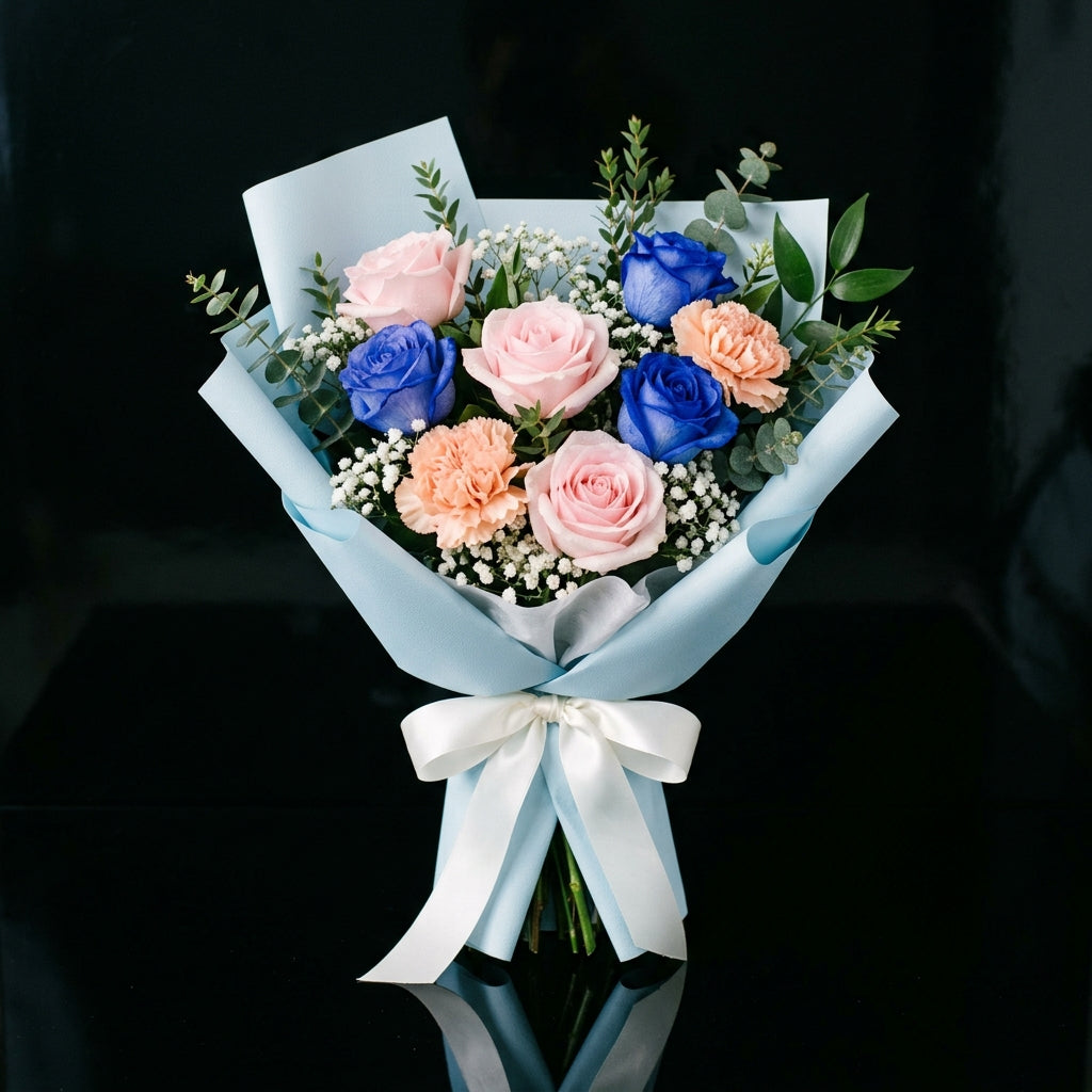 Bouquet of Pink & Blue Roses with Peach Carnations for Father’s Day bloomsandbeansae