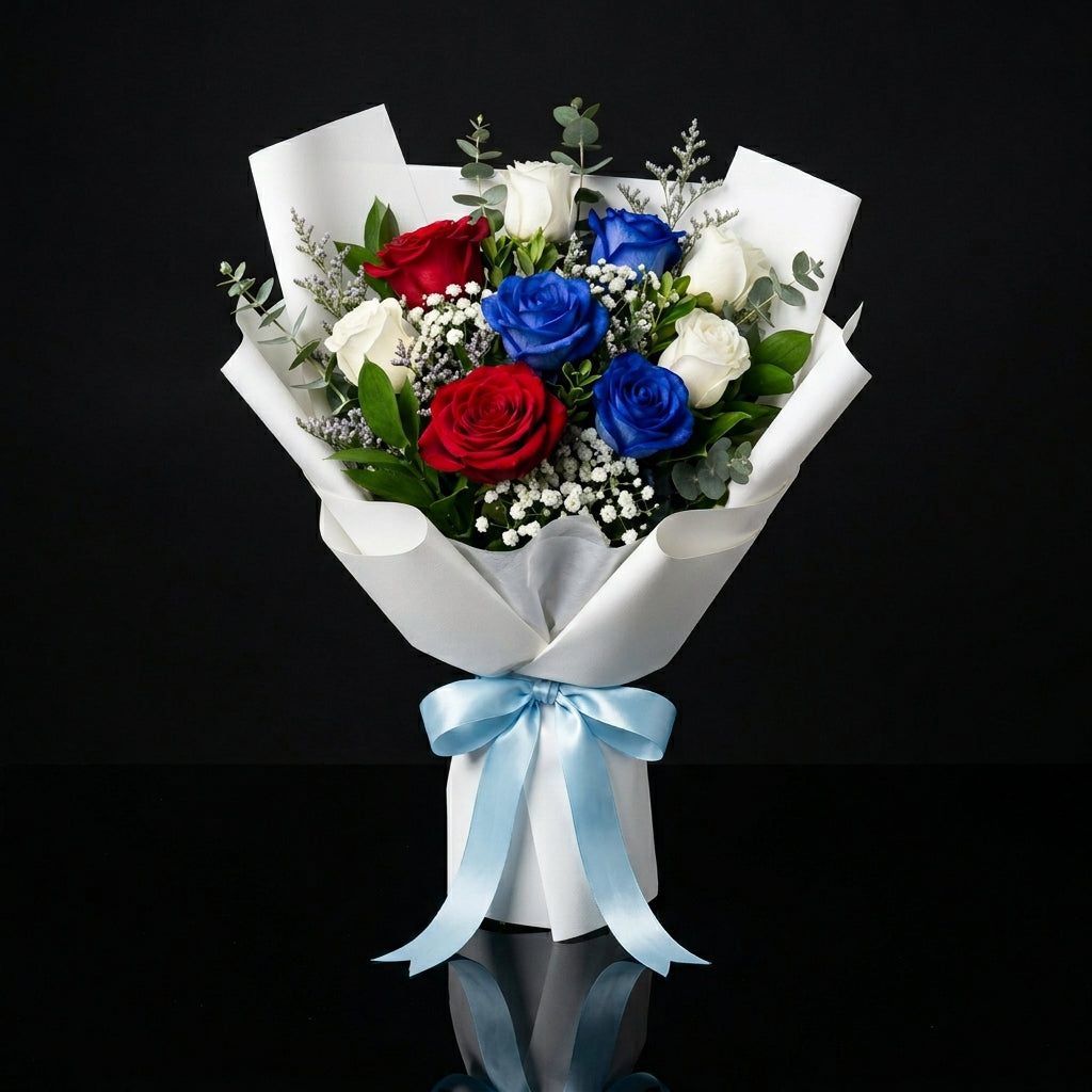 Bouquet of White, Red & Blue Roses for Father’s Day bloomsandbeansae