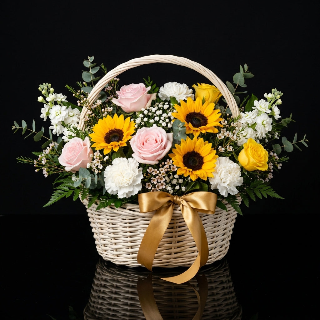 Bright Floral Basket with Yellow & Pink Roses, Sunflowers & White Carnations bloomsandbeansae