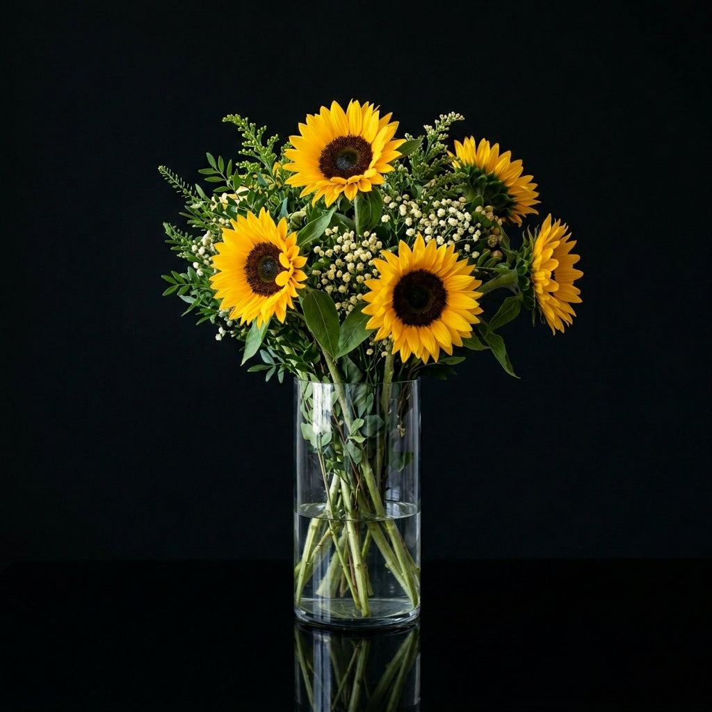 Bright Tall Vase with 6 Sunflowers bloomsandbeansae