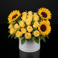 Bright White Round Flower Box with Yellow Roses & Sunflowers bloomsandbeansae