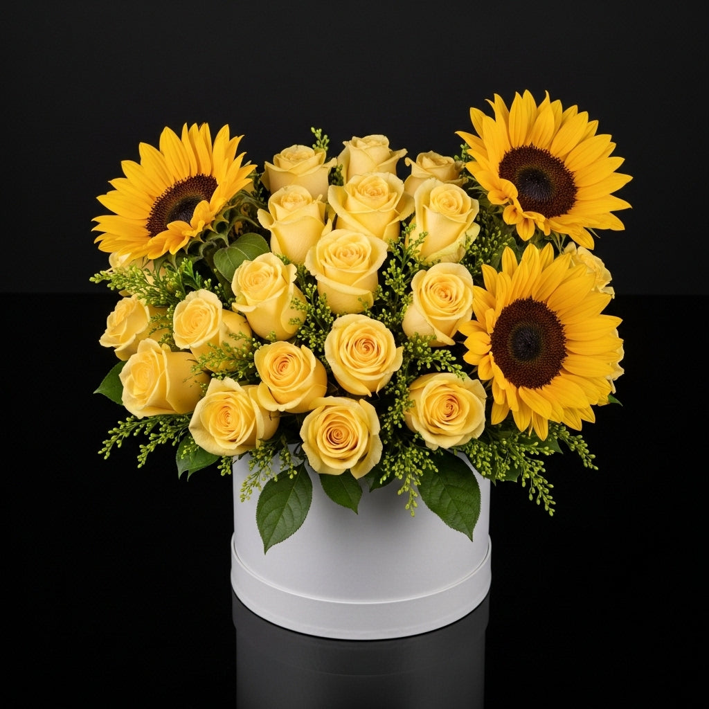 Bright White Round Flower Box with Yellow Roses & Sunflowers bloomsandbeansae