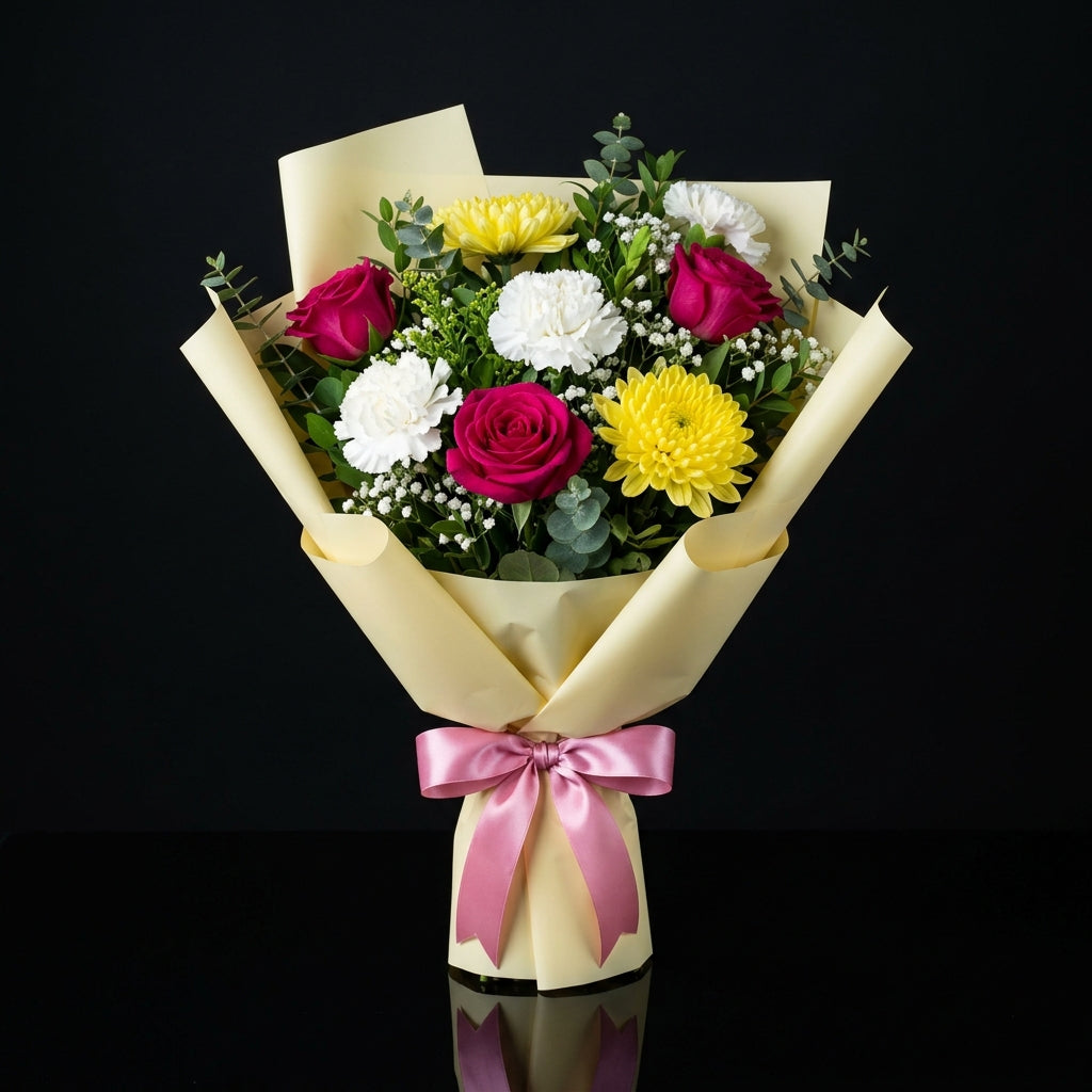 Charm Bouquet of Pink Roses & Yellow Chrysanthemum bloomsandbeansae
