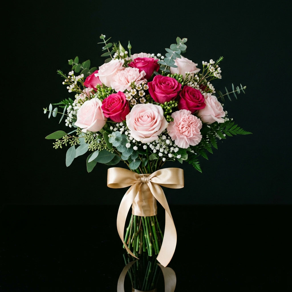 Charming Bridal Bouquet of Pink Roses, Pink Carnations bloomsandbeansae