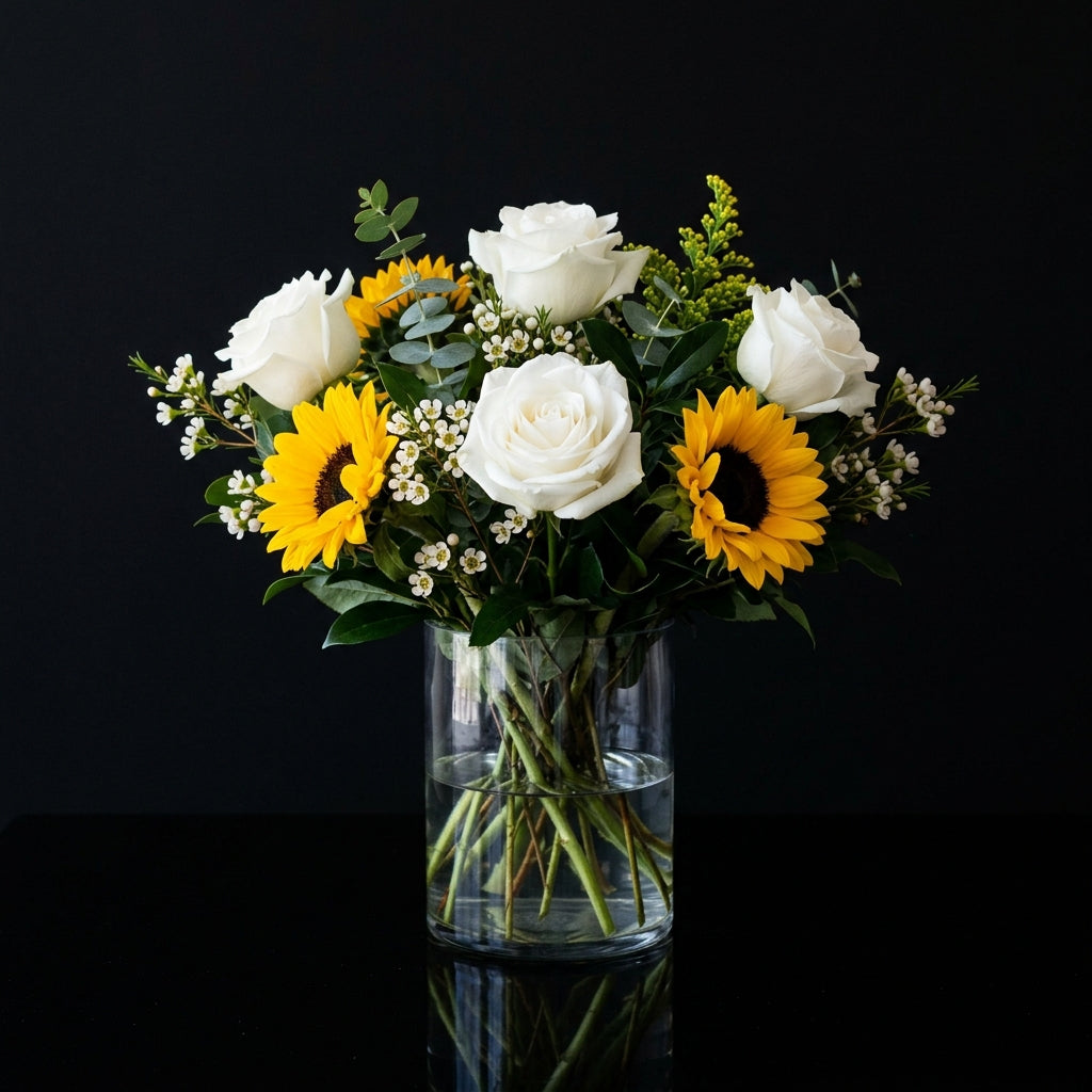 Charming Cylindrical Vase with Sunflowers & White Roses bloomsandbeansae