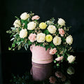 Charming Pink Round Flower Box with White Roses, Pink Carnations & Yellow Chrysanthemums bloomsandbeansae
