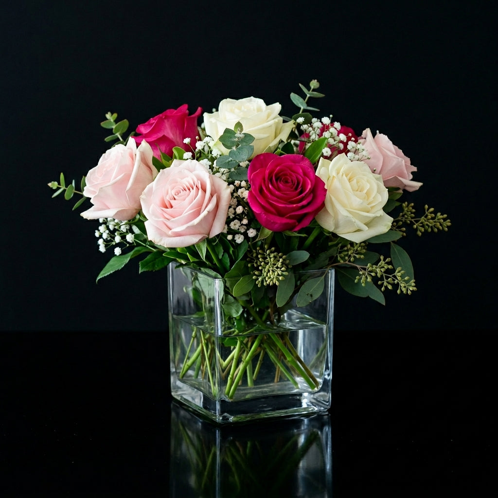 Charming Small Square Vase with 8 Pink & White Roses bloomsandbeansae