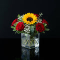 Charming Small Square Vase with Red Roses & Sunflower bloomsandbeansae