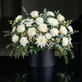 Classic Black Round Flower Box with White Roses, Carnations & Chrysanthemums bloomsandbeansae