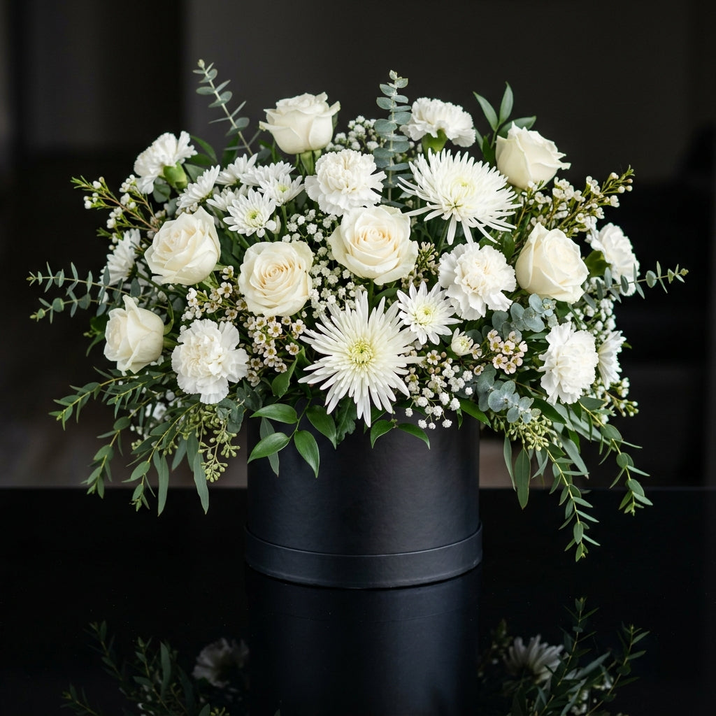 Classic Black Round Flower Box with White Roses, Carnations & Chrysanthemums bloomsandbeansae
