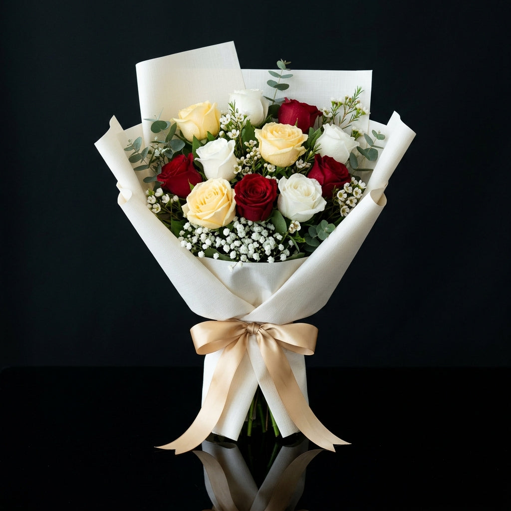 Classic Bouquet of White, Yellow & Red Roses bloomsandbeansae