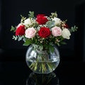 Classic Large Round Vase with 12 White, Red & Pink Roses bloomsandbeansae
