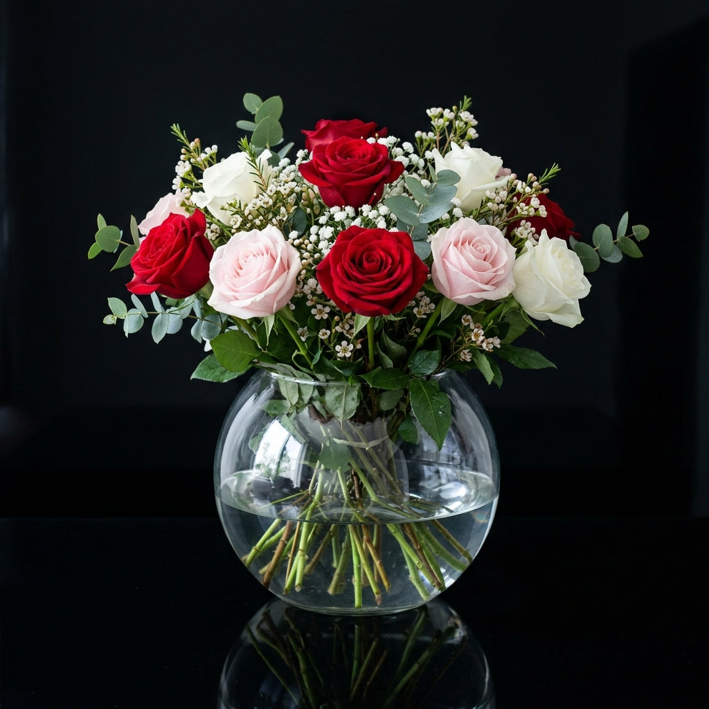 Classic Large Round Vase with 12 White, Red & Pink Roses bloomsandbeansae