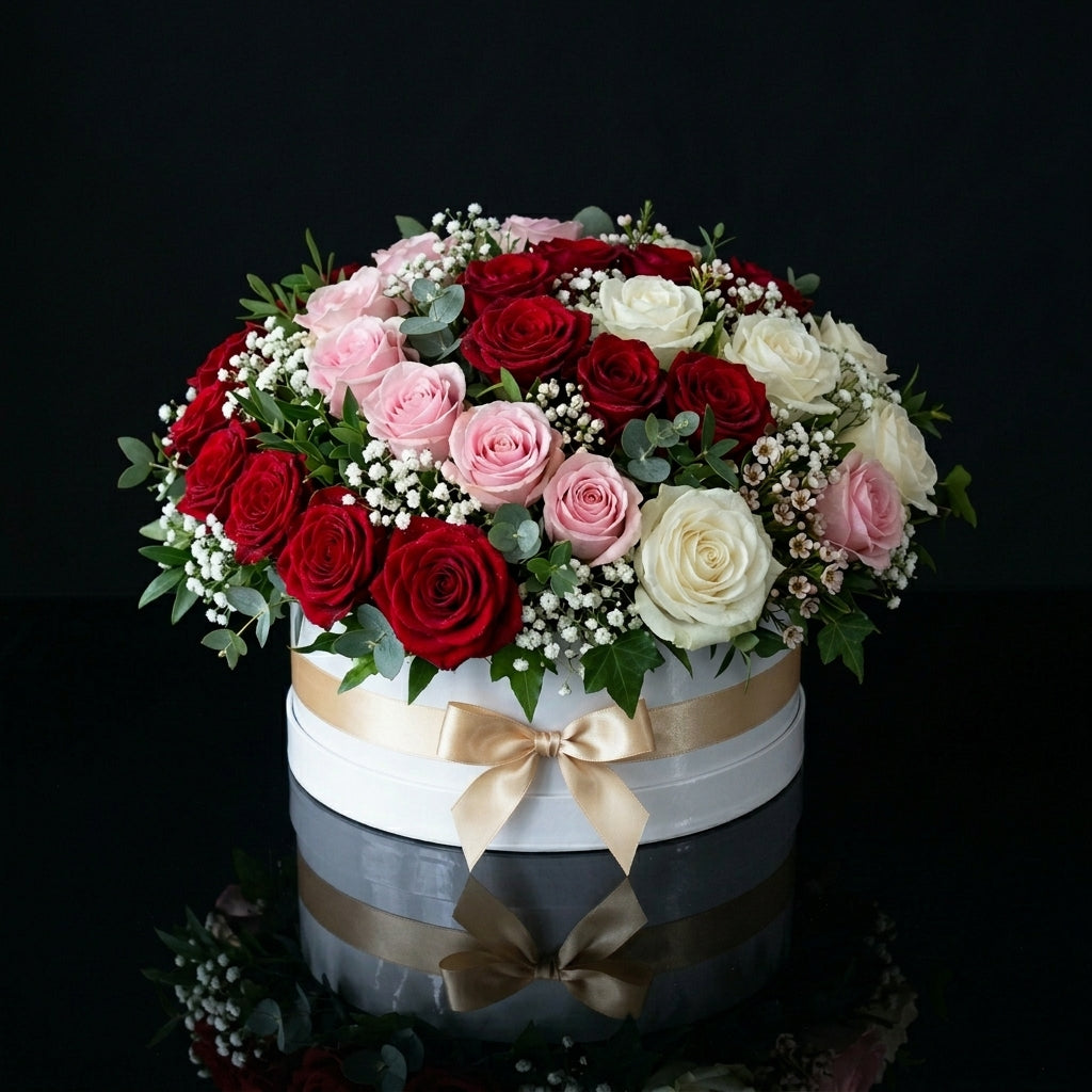 Classic White Round Flower Box with White, Pink & Red Roses bloomsandbeansae