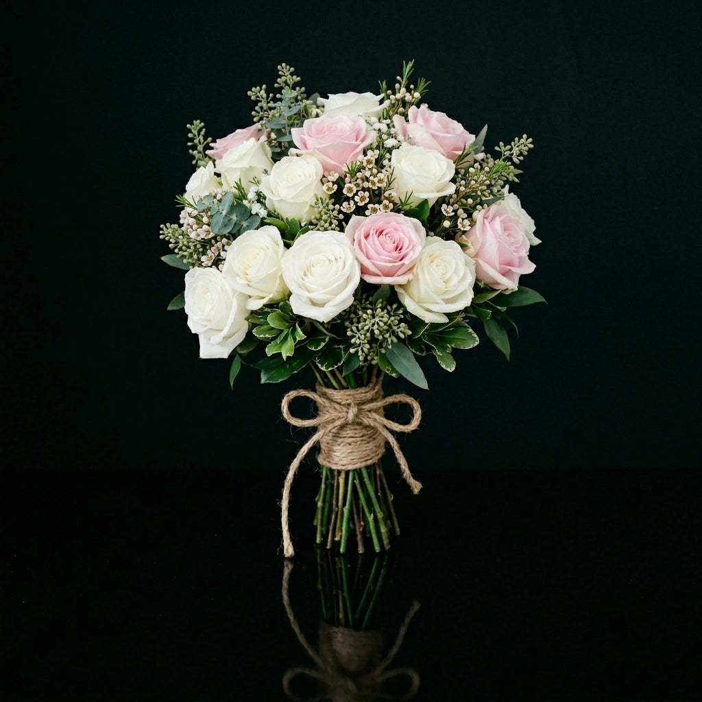Delicate Bridal Bouquet of White & Pink Roses bloomsandbeansae