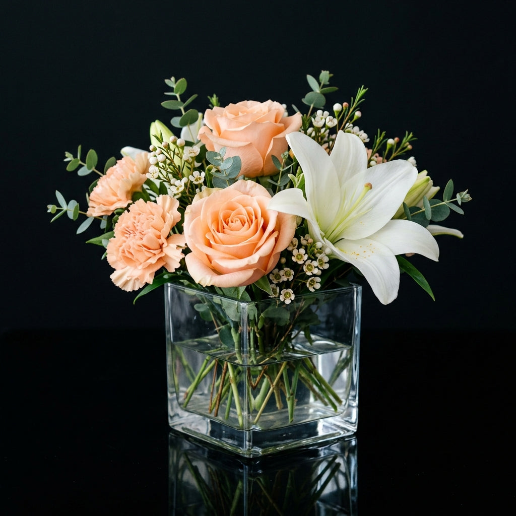 Delicate Small Square Vase with Peach Roses, Carnations & Lily bloomsandbeansae