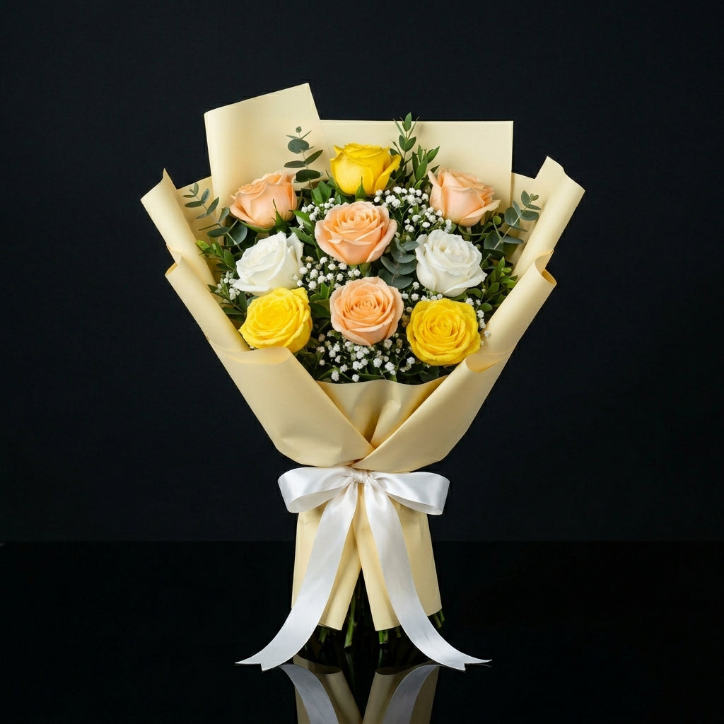Eid Bright Bouquet of Yellow, White & Peach Roses bloomsandbeansae