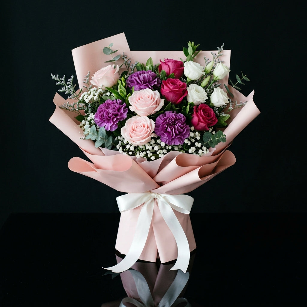 Eid Grace Bouquet of White, Pink Roses & Purple Carnations bloomsandbeansae