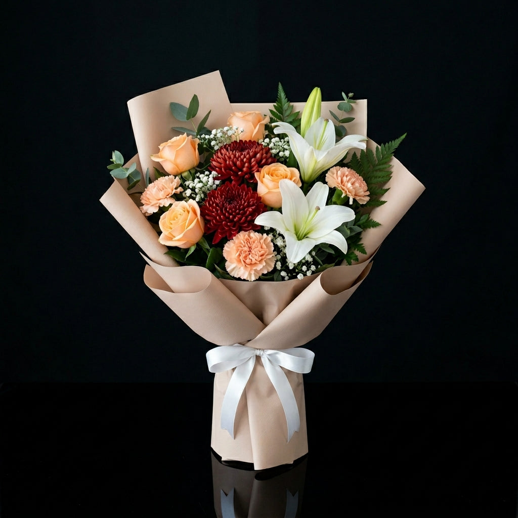 Eid Harmony Bouquet of Peach Roses, Carnations & Lilies bloomsandbeansae