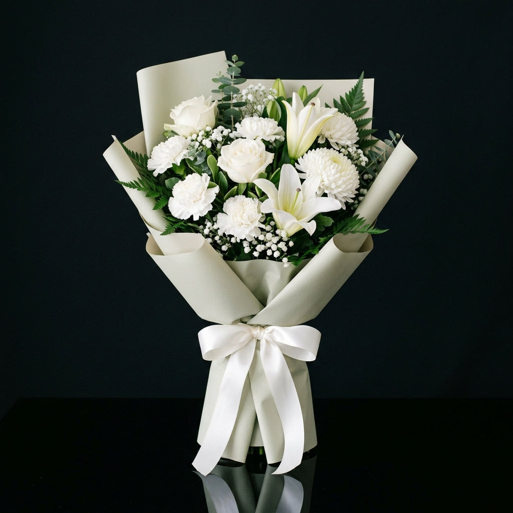 Eid Pure White Bouquet of Roses, Carnations & Lilies bloomsandbeansae