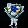 Eid Royal Bouquet of Blue, Yellow Roses & Hydrangea bloomsandbeansae