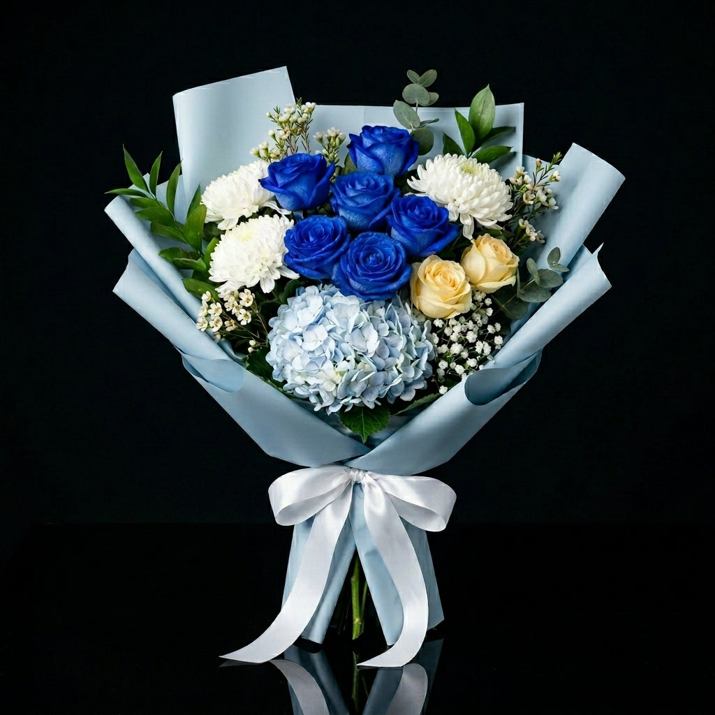 Eid Royal Bouquet of Blue, Yellow Roses & Hydrangea bloomsandbeansae