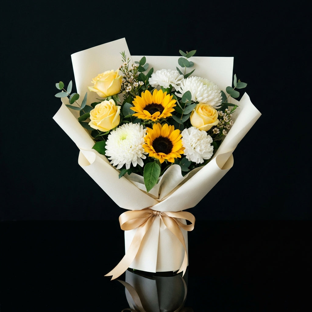 Eid Sunshine Bouquet of Yellow Roses, Chrysanthemum & Sunflowers bloomsandbeansae