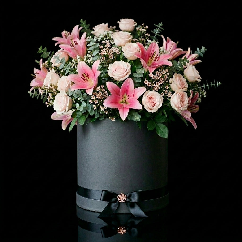 Elegant Black Round Flower Box with Pink Lilies & Roses bloomsandbeansae