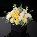 Elegant Black Square Flower Box with White & Yellow Roses, Carnations, Chrysanthemums & Matthiola bloomsandbeansae