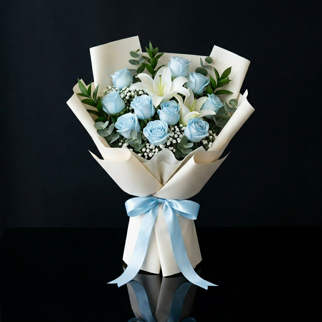 Elegant Bouquet of 10 Blue Roses & White Lilies for Father’s Day bloomsandbeansae