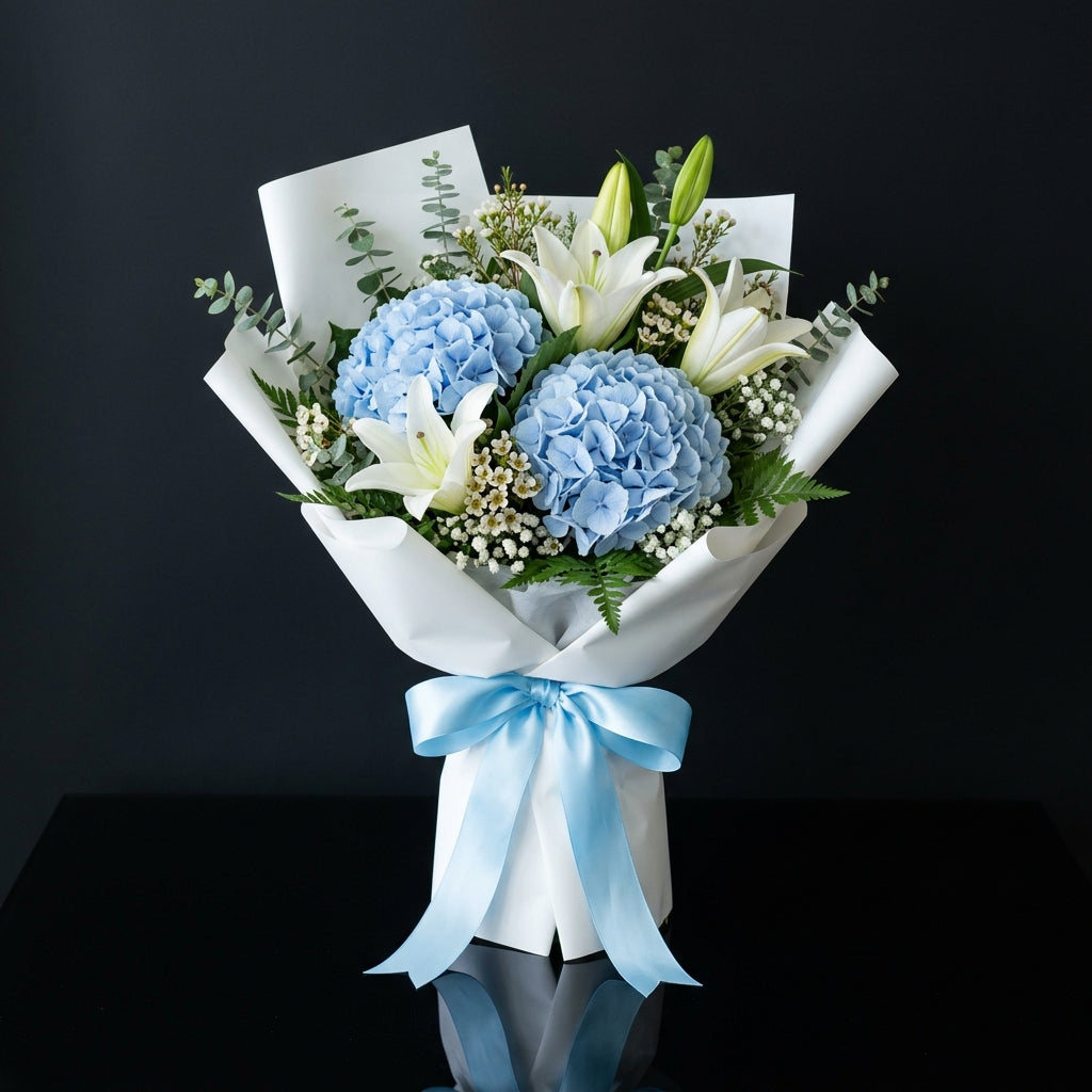 Elegant Bouquet of Blue Hydrangea & White Lilies for Father’s Day bloomsandbeansae