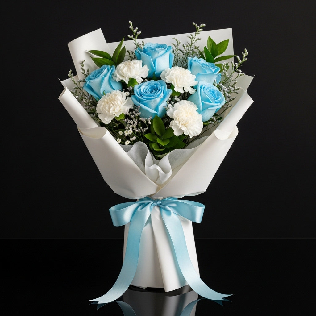 Elegant Bouquet of Blue Roses & White Carnations for Father’s Day bloomsandbeansae