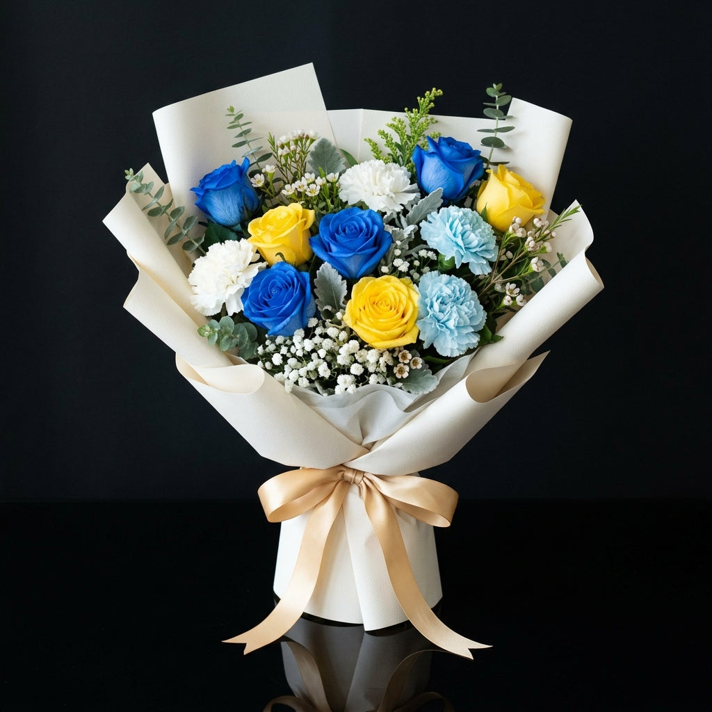 Elegant Bouquet of Blue & Yellow Roses with Carnations for Father’s Day bloomsandbeansae