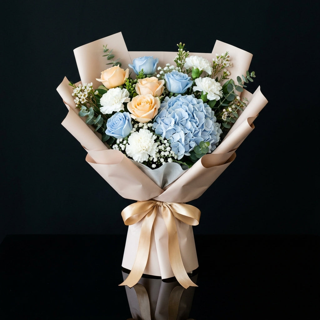 Elegant Bouquet of Peach & Blue Roses with Hydrangea for Father’s Day bloomsandbeansae